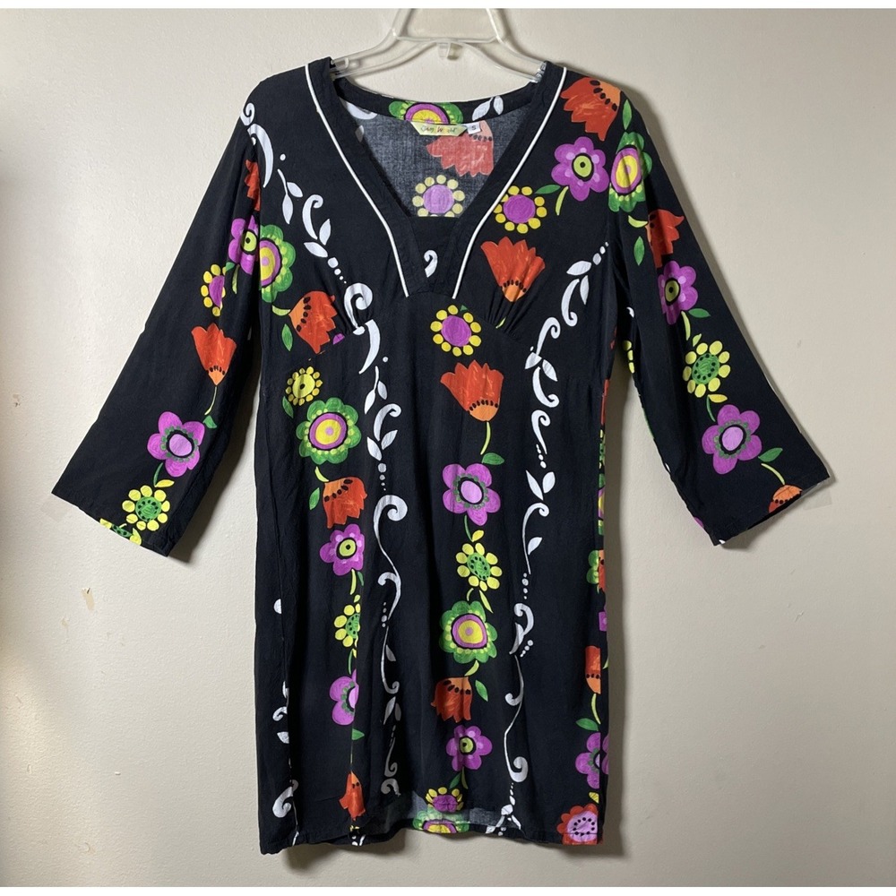 Jams World Black Floral Long Sleeve Dress 70's Theme Flowers Women's Small